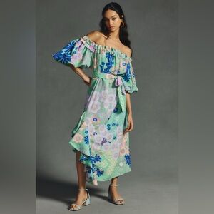 Anthropologie Mint Floral Off-Shoulder Maxi Dress